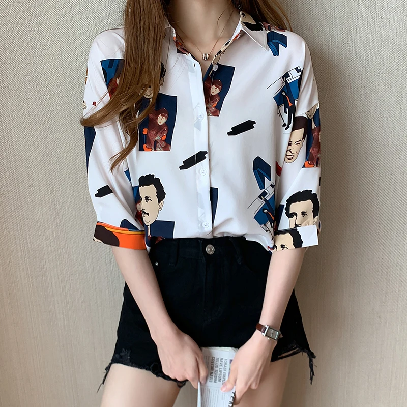 

2020 Women Blouses Brand Excellent Quality Print Character White Shirt Women Cotton Casual Short Sleeve Summer Shirt Tops Lady