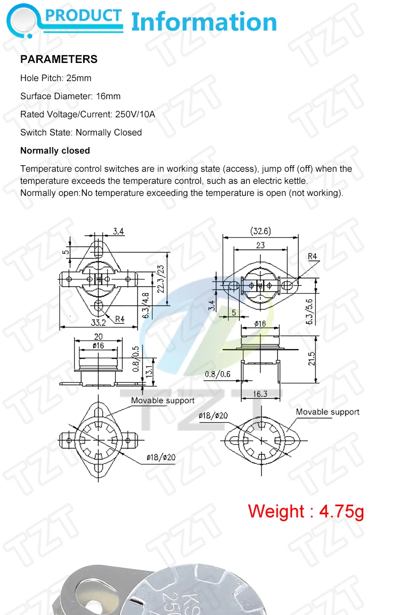 TZT KSD301 250V 10A Normalerweise Geschlossen NC Thermostat Temperatur Thermische Steuerung Schalter DegC 40C-135C Für Arduino – Detail 1