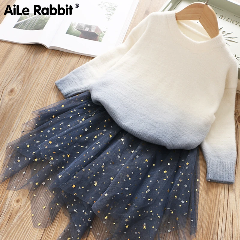 

2019 New Girls Clothes Sweater Set Long-sleeved Knit Tops Skirt 2 Piece Set Gradient Sweater Stars Irregular Skirt Kids Clothing