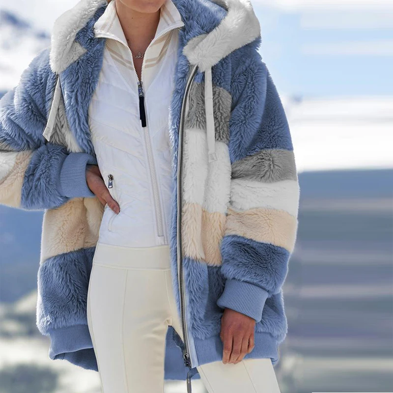 

2024 Winter Women's New Coat Outer Wear Jacket Female Korean Coat Fashion Casual Stitching Plaid Hooded Zipper Ladies Coat