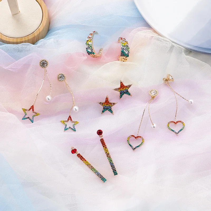 

MENGJIQIAO New Korean Cute Shiny Colorful Rainbow Star Heart Stud Earrings For Women Sweet Pearl Brincos Girl Jewelry Gifts