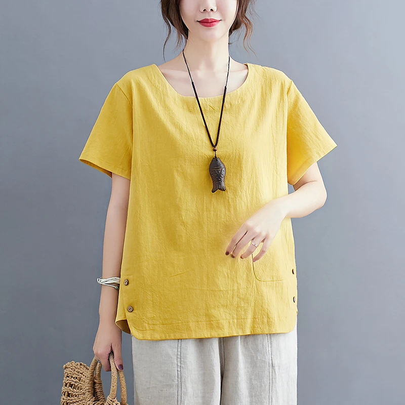 Vintage Pocket Front Plus Size Cotton Linen Top Women Summer Casual Loose Black White Yellow Navy Blouse Shirt Female 5