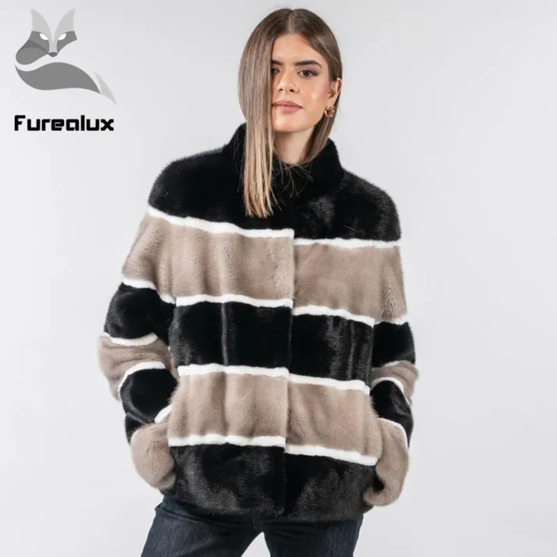 Furealux, женская короткая куртка из натурального меха норки, зимняя модная шуба из натуральной норки, шуба из натурального меха, зима