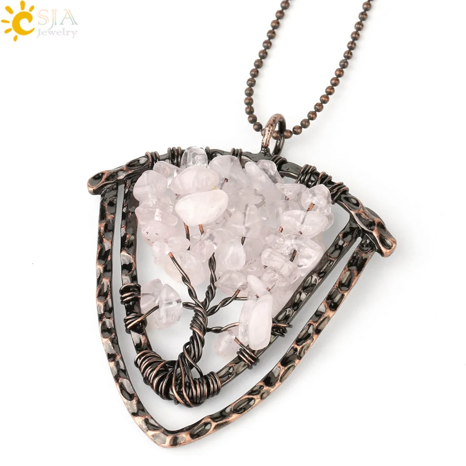 Rose Quartz Necklace CSJA ручной работы натуральные каменные подвески, ожерелья для мужчин "Древо жизни" проволочный обруч чип бусины Винтаж 7 ЧАКРА КРИСТАЛЛ ювелирные изделия G329 - Окраска металла: Rose Quartz Necklace
