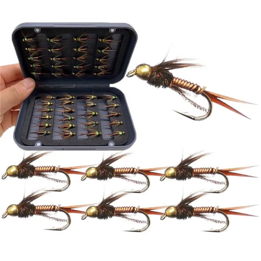 

24-40Pieces/Box Brass Bead Head Nymph Scud Midge Fly Fishing Flies Fly Trout Fishing Lures Baits