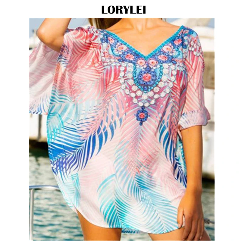

2019 Bohemian Printed Summer Beach Mini Dress Chiffon Tunic Sexy Hollow Out V-neck Women Beachwear Swimsuit Cover-ups pareo N801