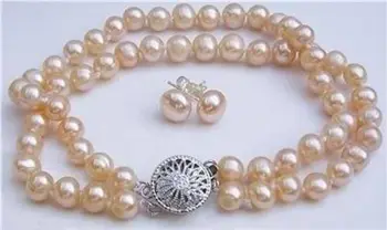 

Wholesale price 16new ^^^^charming handmade jewelry 2rows 7-8mm pink Akoya pearl bracelet Earrings set