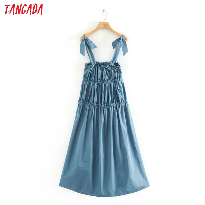 

Tangada 2020 fashion women solid blue summer long dress strap bow tie strethy ladies beach maxi dress vestidos 2W03