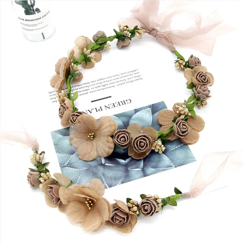 Pale Mauve 1set Цветок Гирлянда для волос венок белый розовый невесты ручной работы Свадебный головной убор с свадебный браслет ручной цветок для подружек невесты - Цвет: Pale Mauve 1set