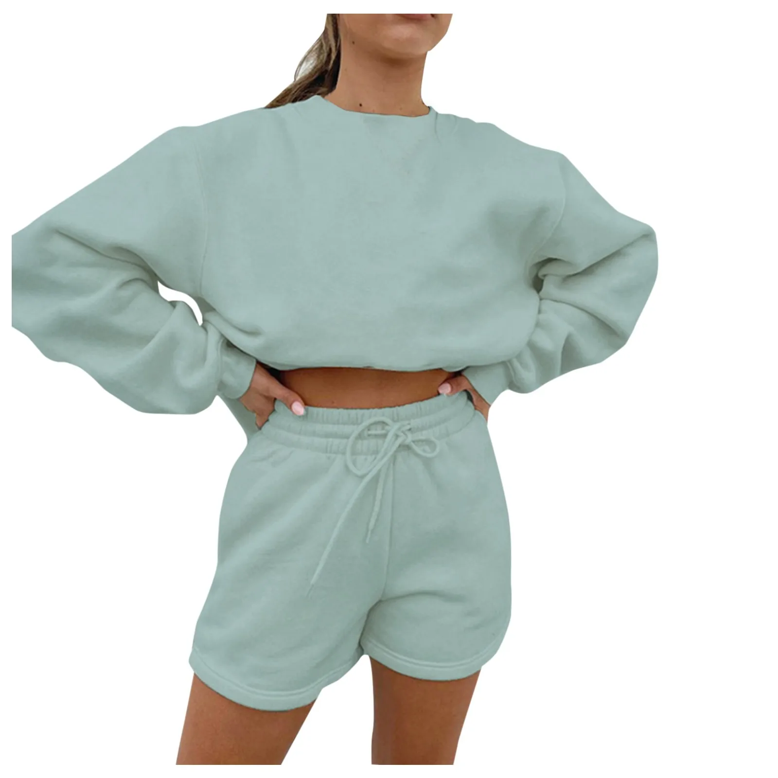 Women Tracksuit Autumn Solid O-neck Long Sleeve Top And Shorts 2 Pieces Set Casual Gym Workout Running Sportswear Yoga Set 2