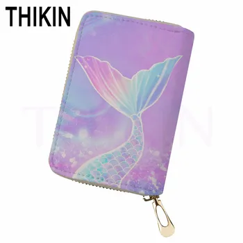 

THIKIN Cartoon Mermaid's Tail Print ID Card Holder Cute Pink Pattern Girls PU Leather Ladies Protect Mini Box Credit Cards Bag
