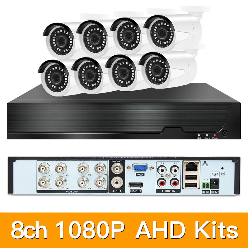 8ch 1080P AHD комплекты системы видеонаблюдения CCTV безопасности Гибридный DVR наружный металлический bulllet AHD камера видеонаблюдения P2P XMEYE 2MP комплекты