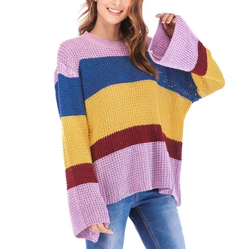 

Womens Round Neck Long Sleeve Sweater Three-color Stitching Loose Pullover Sweater JL