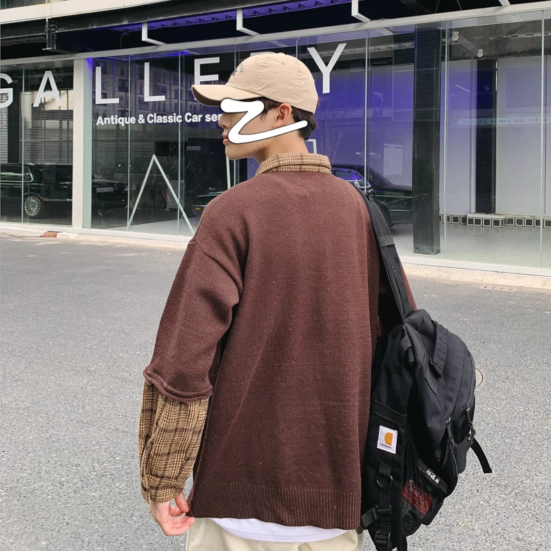 Winter Polo Sweater Men Warm Fashion Plaid Stitching Casual Lapel Pullover Men Sweter Clothes Loose Long-sleeved Sweater Man