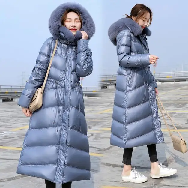 Натуральный Лисий мех воротник женская зимняя куртка утиный пух парка с капюшоном пуховик длинное пальто корейский стиль тонкая верхняя одежда - Цвет: blue
