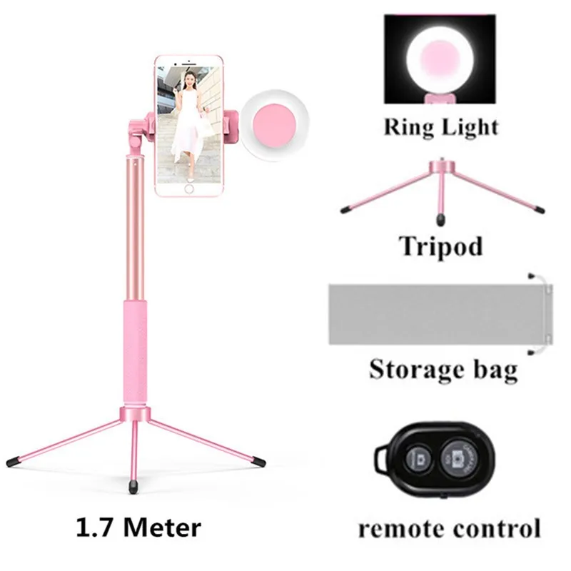 Регулируемый кольцевой светильник для селфи 1,7 м, Выдвижной Штатив для селфи, светодиодный кольцевой светильник для селфи с креплением для телефона, usb-разъем для штатива - Цвет: pink 1.7M