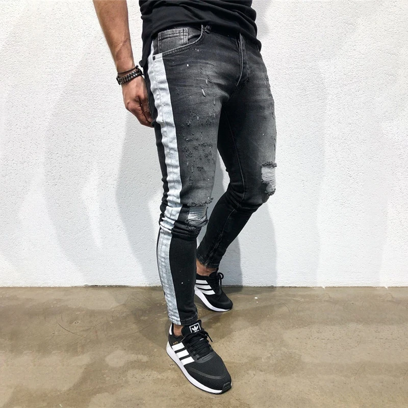 Новые мужские джинсы из денима стрейч пэчворк черные рваные джинсы с дырами Боковые Полосатые линии хип хоп узкие джинсы карандаш для мужчин