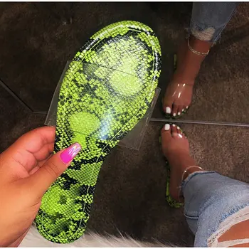 

2020 Women Transparent Flat Slippers Soft Jelly Shoes Mixed Snake Skin Candy Color Female Casual Summer Beach Ladies Slides