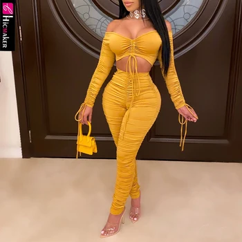 

Two Piece Set Top and Pants Women Off Shoulder Top T-shirt & Pleated Bodycon Pant Sexy Suit