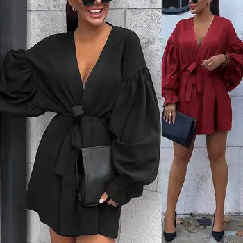 

Stylish Puff Sleeve Mini Dress Women's Summer Sundress 2020 ZANZEA Sexy V neck Lace-Up Vestidos Female Solid OL Tunic Robe 5XL