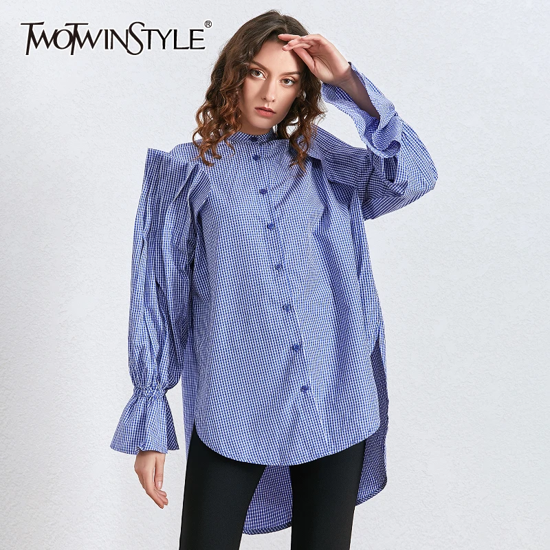 

TWOTWINSTYLE Plaid Ruched Ruffle Stand Collar Flare Sleeve Irregular Hem Casual Oversized Shirts Female 2020 Spring Fashion New