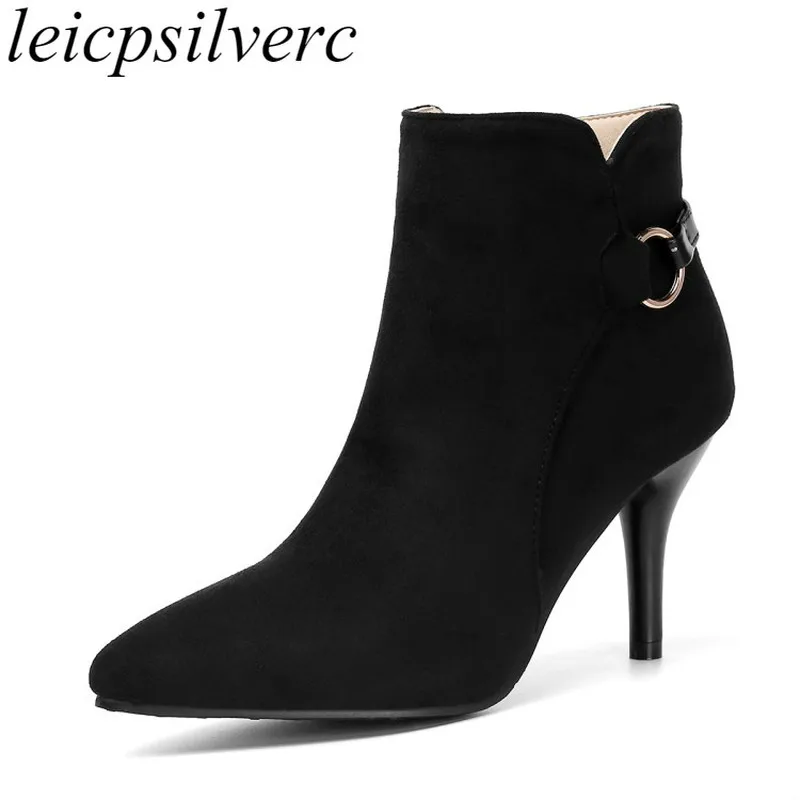 

Women Boots Autumn Winter High Heel Flock Pointed Toe Zip Ankle Chelsea Shoes Simple and Versatile 2019 New Sexy Fashion Black