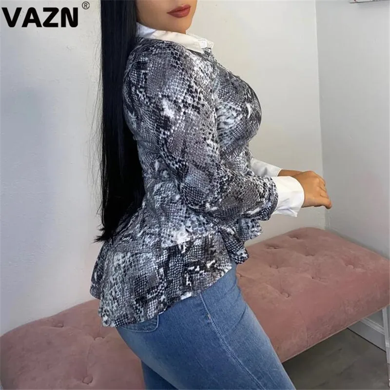 VAZN принт серый Сексуальная Женская Весенняя футболка с длинным рукавом и круглым вырезом на шнуровке Офисная Женская одежда для работы Футболка