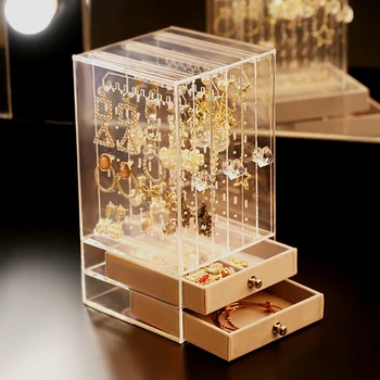 

Portable Earrings Ring Display Stand Shelf Dustproof Acrylic Jewelry Storage Box Drawer Women Necklace Bracelet Organizer Case