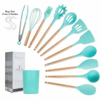 

5-13PCS Silicone Cooking Tools Kitchen Utensils Set With Storage Box Turner Tongs Spatula with Wood Handle Nonstick Cookware