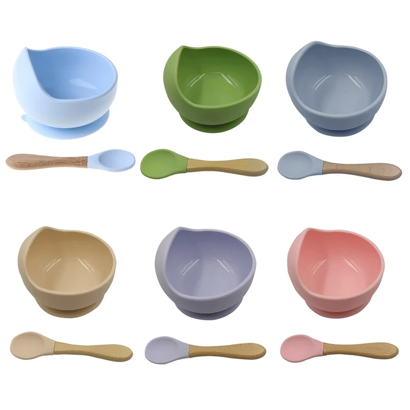 

2 Pcs Non-Slip Learning Feeding Tableware BPA Free Silicone Waterproof Baby Suction Cup Base Bowl Training Spoon Set