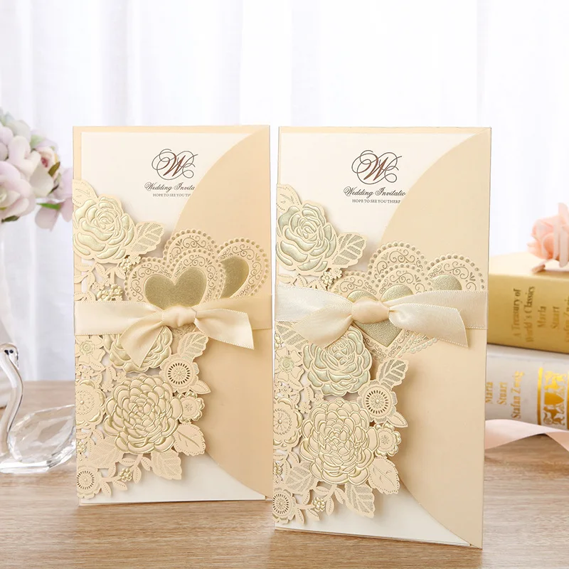  20pcs Laser Cut Wedding Invitations Card Rose Love Heart Greeting Cards Customize Envelopes with Ri - 33051814872