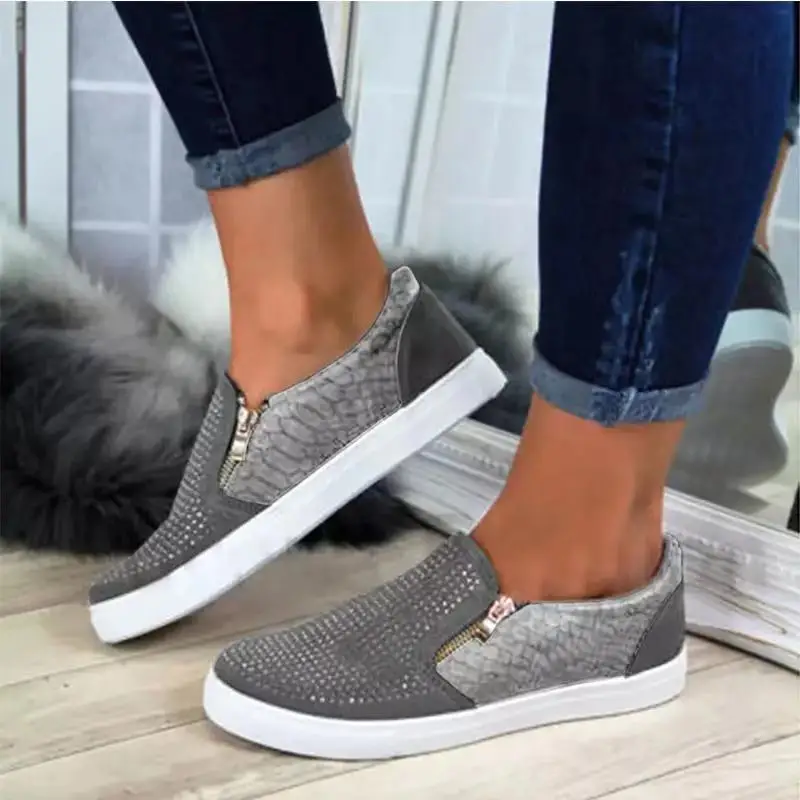 ORIGINAL  New Hot Selling Couples Shoes Double Zipper Man-made Diamond Snakeskin Shoes Large Size Casual Flat