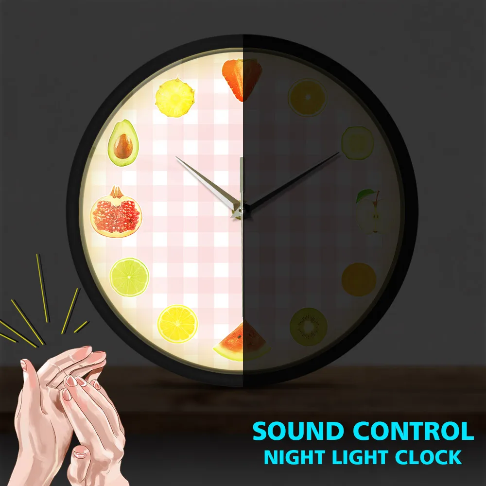 

12 Different Kinds Of Fruit Metal Frame Round Clock Fresh Fruit Slice Night Light Modern Colorful Quiet Sweep Quartz Watch
