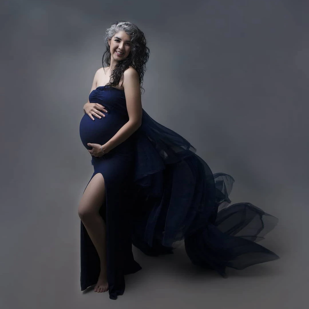 

Strapless Navy Blue Mermaid Maternity Dress Sexy Split Long Tulle Train Pregnancy Gowns To Photo Shoot Custom Made Vestidos