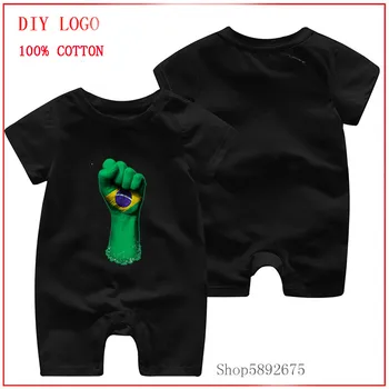

Flag of Brazil on a Raised Clenched Fist printed romper Cheap cotton romper Short Sleeve baby clothing One Piece Summer Unisex