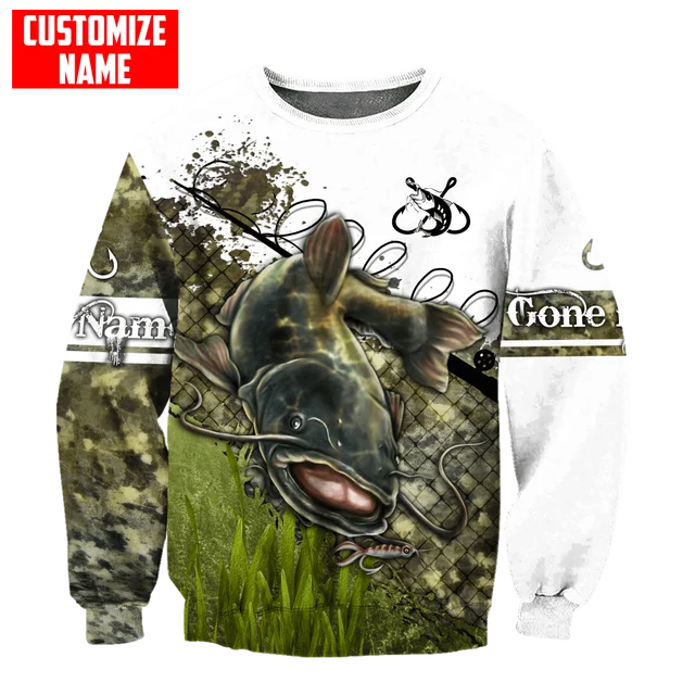 Custom Name Catfish Camo Gone Fishing 3D Printed Men's Hoodie & Sweatshirt  Autumn Unisex Zip Hoodie Casual sportswear KJ841