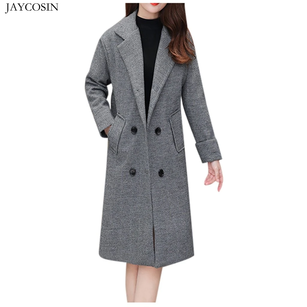 JAYCOSIN, модное новое длинное зимнее пальто, Женское шерстяное пальто, однотонное винтажное зимнее пальто для офиса с длинным рукавом и пуговицами, шерстяное пальто