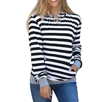 

Autumn Women Striped Print Hoodie Sweatshirts With Pocket Long Sleeve Casual Tops Outerwear Fashion 2019