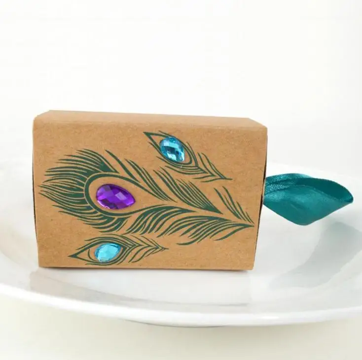 5 шт подарочные коробки для шоколада с изображением павлиньих перьев и алмазной коробки из крафт-бумаги с ленточным поясом