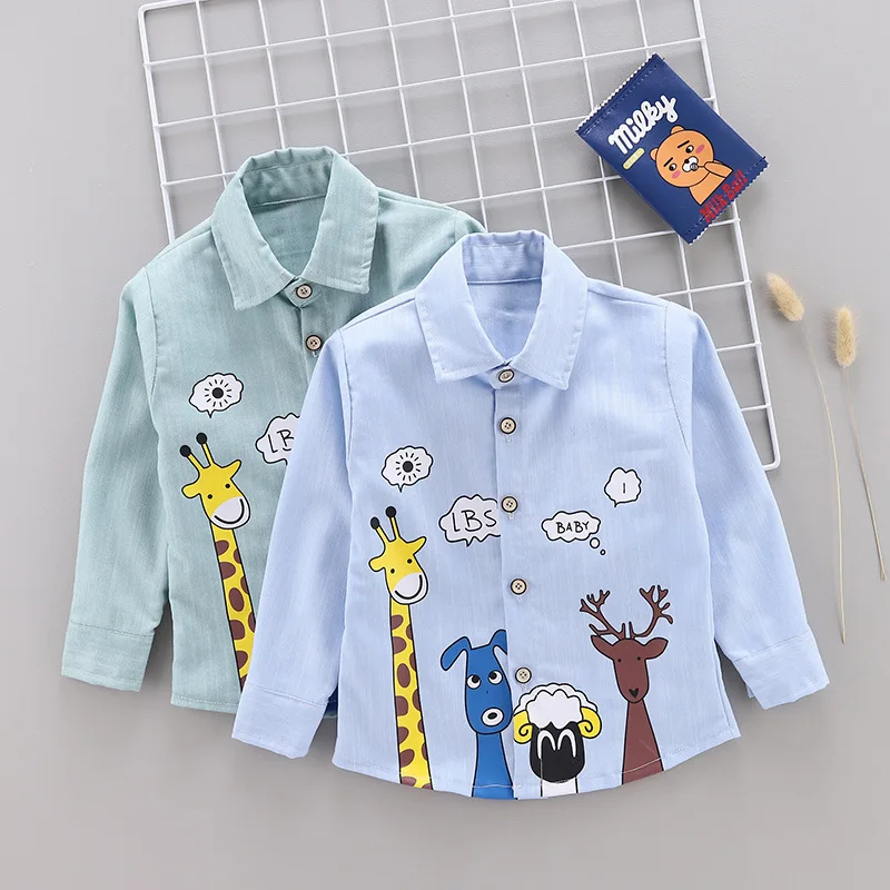 Children Spring And Autumn Childrenswear BOY'S Shirt Baby Casual Tops Cartoon Giraffe Shirt Spring Clothing Thin Fold-down Colla