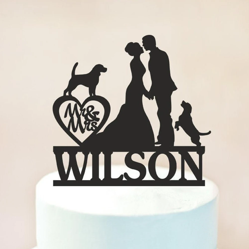 Personalise Bride and Groom Silhouette with dogs,Wedding Mr and Mrs cake topper with dogs,Wedding last name couple cake topper