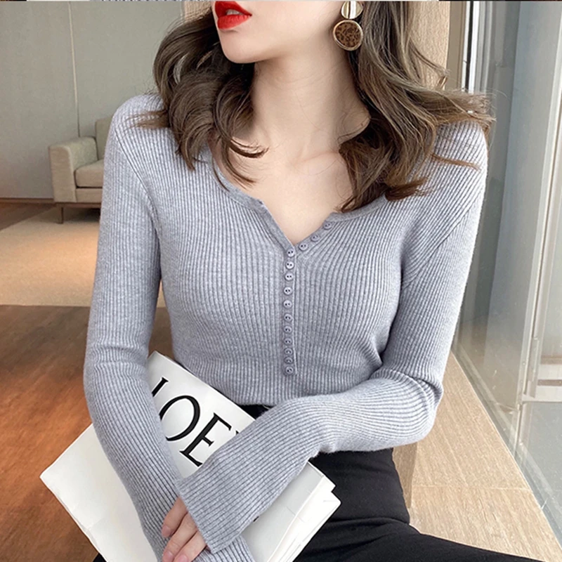 

2020 Autumn Winter Long Sleeve Button V Neck Sweater Women Basic Slim Pullover Women Sweaters Pullovers Knit Jumper Ladies Tops