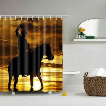 

Waterproof Thicken Polyester 3D Shower Curtain Cowboy in the Sunset Mildew Proof Bath Tub Curtain with 12 pcs Hooks