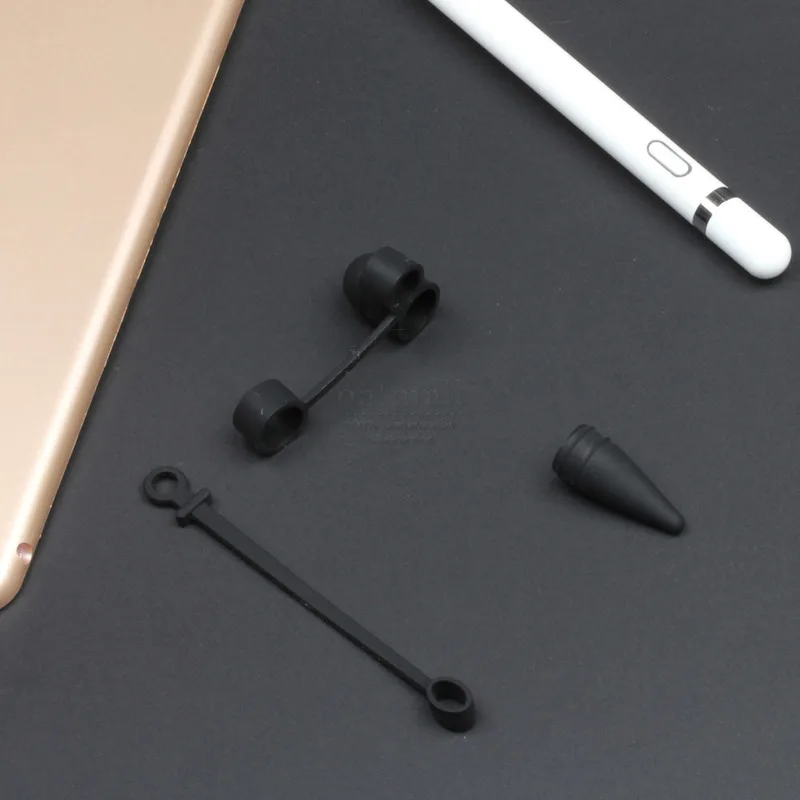 Мягкий силиконовый чехол-держатель для Apple Pencil cap с адаптером для кабеля, ремешок против потери для iPad, чехол-карандаш для планшета, набор для сенсорных ручек - Цвета: Черный