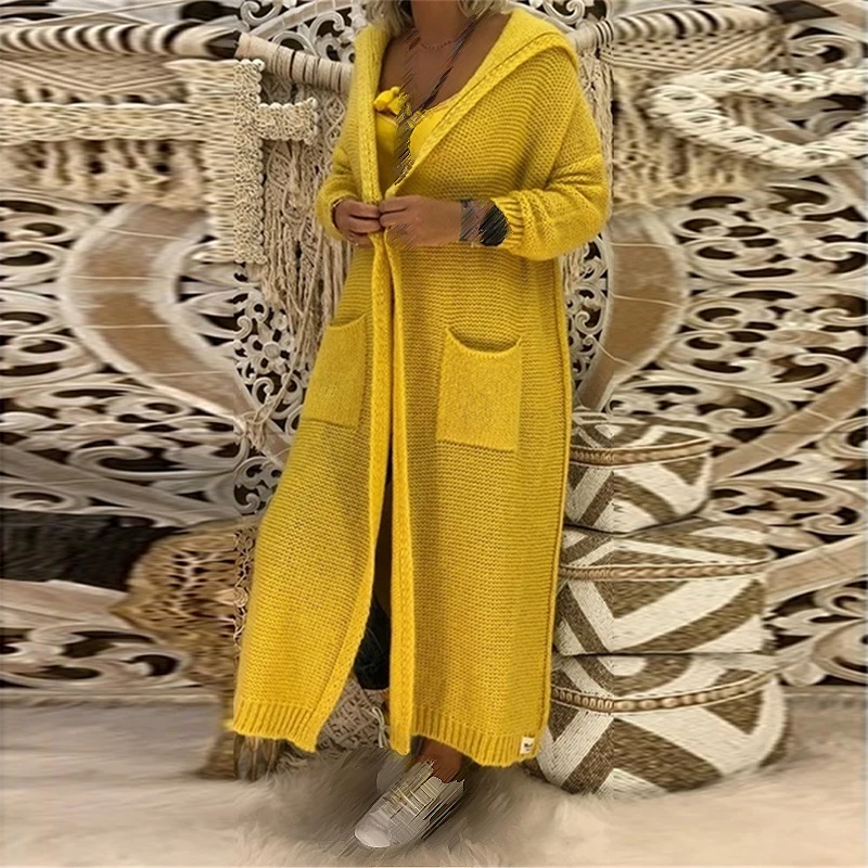 Женский свитер, осенне-зимняя однотонная верхняя одежда, стильная теплая трикотажная одежда с длинными рукавами и капюшоном, Женское пальто большого размера
