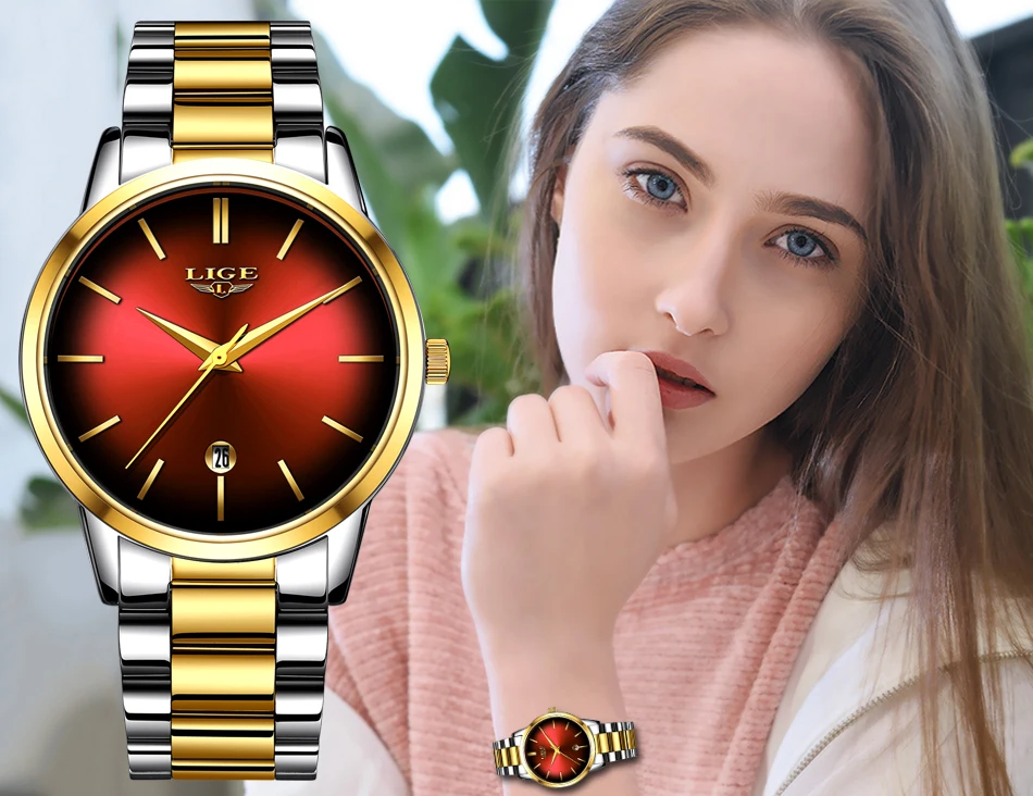 LIGE, женские модные красные кварцевые часы, Дамский ремешок из нержавеющей стали, высокое качество, повседневные водонепроницаемые наручные часы, подарок для жены