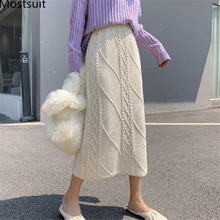 Осень зима витая трикотажная юбка с высокой талией для женщин с алмазным узором корейская мода прямые повседневные однотонные юбки Vestidos