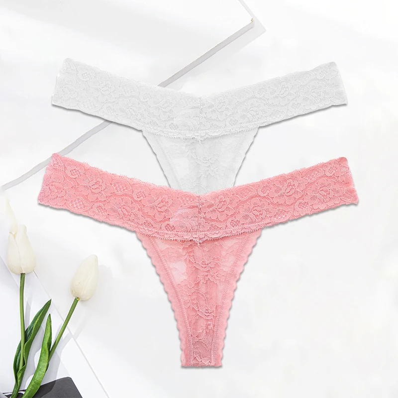 female underwear FINETOO 2PCS/Set M-XL Lace G-string Thong Panties for Woman Sexy Floral Underwear Transparent Women's Underpants Female Lingerie high waisted underwear for women Panties