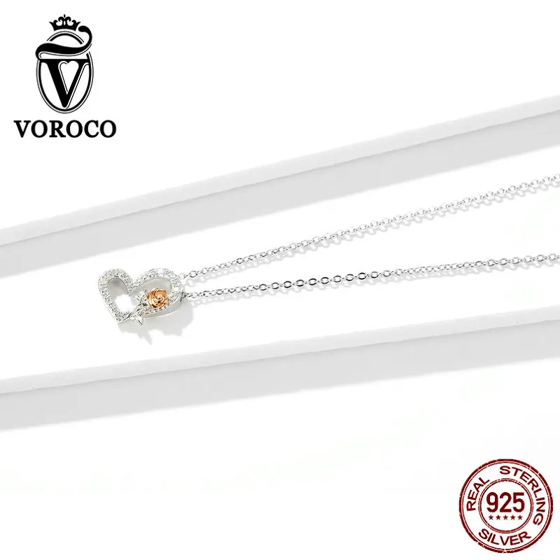 VOROCO 925 пробы Серебряное ожерелье с подвеской в виде сердца и розы, ожерелье на цепочке для женщин, свадебные украшения для помолвки, BNN132