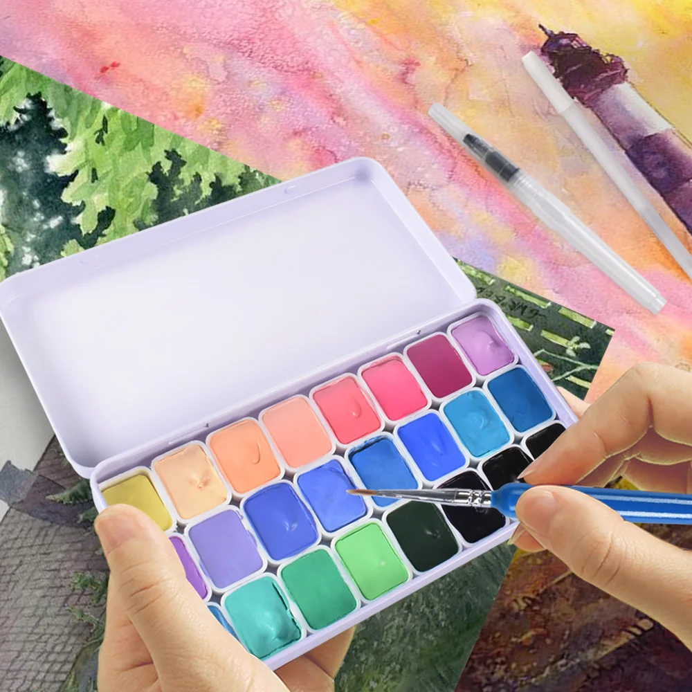 

24 Colors Solid Candy Color Watercolor Pigment Set Water Color Paint Portable Iron Case Art Supplies for Beginners with 8 Gifts